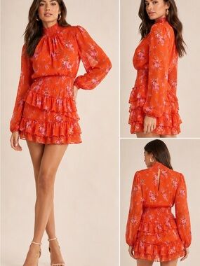 Express Orange Floral Ruffle Mini Dress